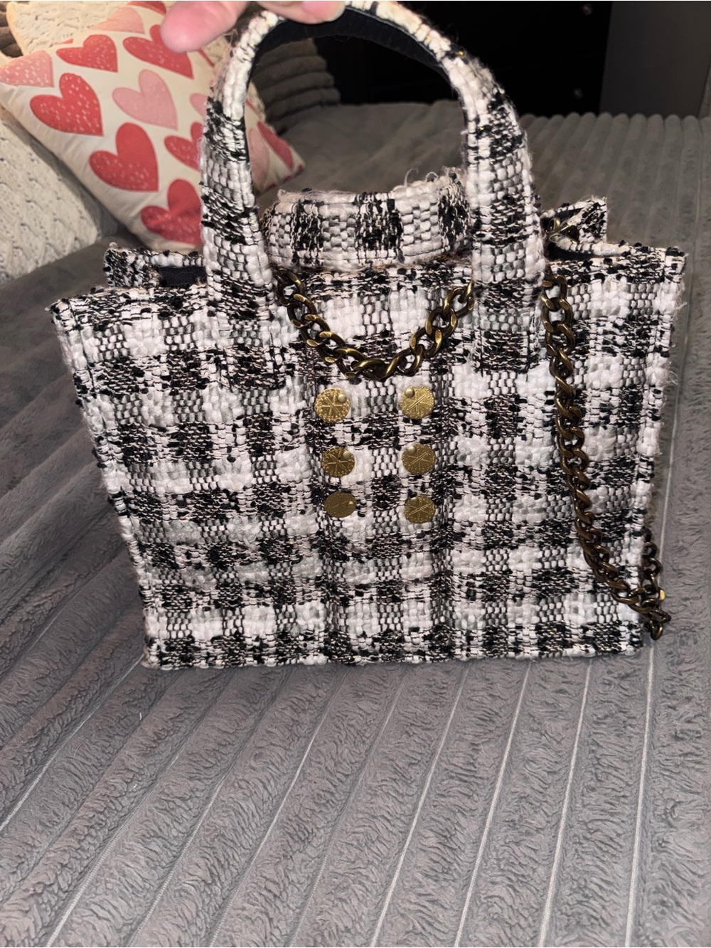 Black & White Tweed Tote with Antique Gold Chain Accents